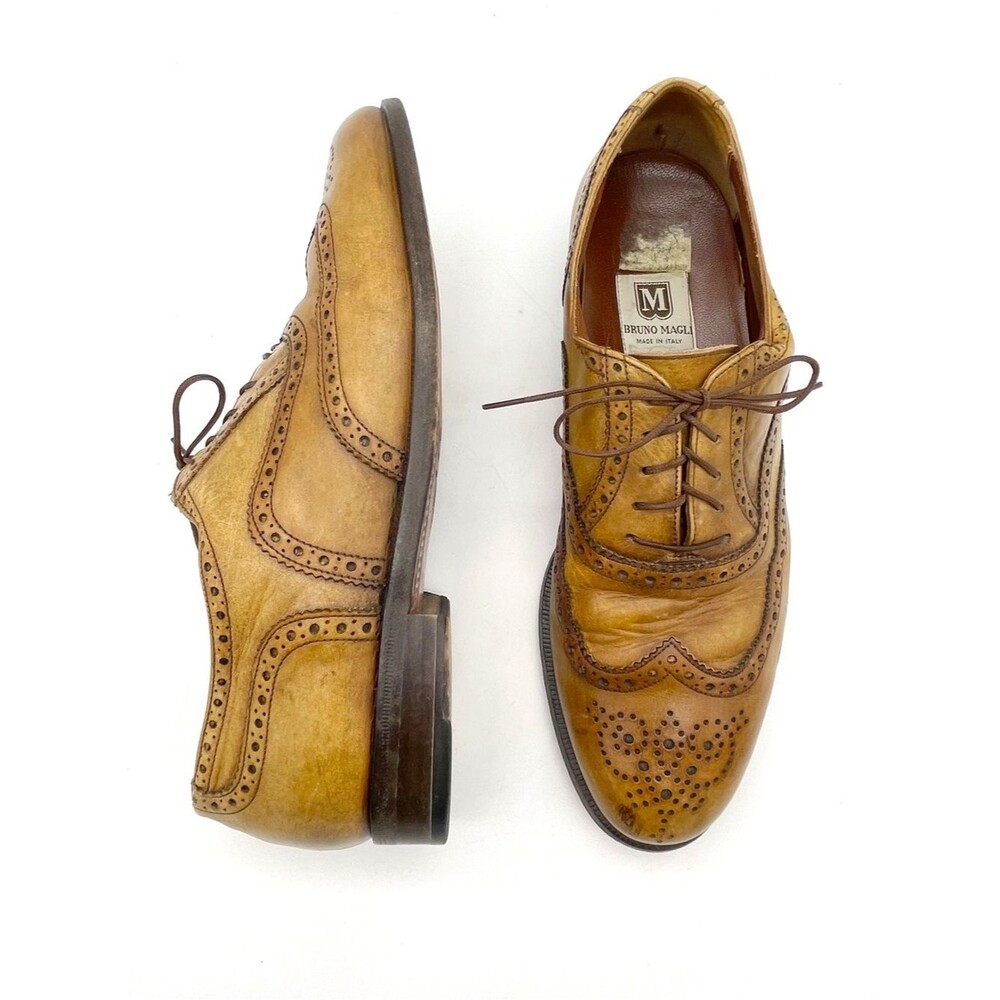Bruno Magli Italy Tan Leather Wingtip Oxford Shoes Mens 9.5 M Brogue Lace Up VTG
